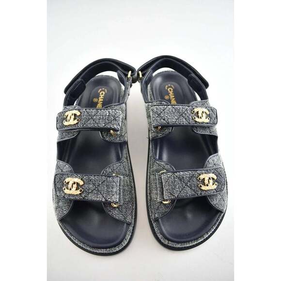 Chanel 21A Blue Velvet Denim CC Logo Mule Slide Strap Flat  Chanel 21A Gray Velvet Denim CC Logo Mule Slide Strap Flat Teva Dad Sandal 38